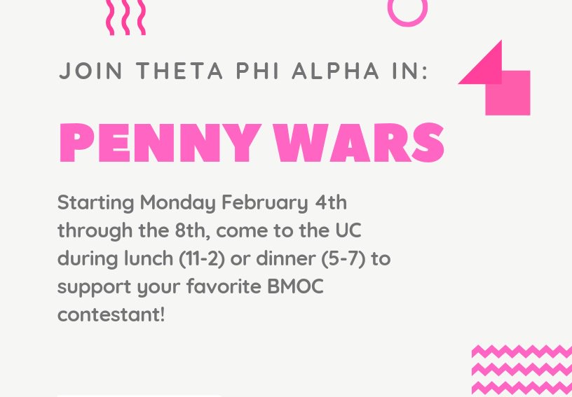 TrineUniversity's tweet photo. Got loose change lying around?  Support the sisters of @ThetaPhi_Trine and your favorite BMOC contestant with penny donation from Monday, Feb. 4 - Friday, Feb. 8.  All proceeds go towards Vera Bradley Breast Cancer Foundation. Donations: https://t.co/JHQ3nqPm7b https://t.co/IMA7XUmKcH