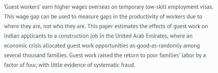 The world has more guest workers than the entire labor force of Poland. The economic effects on households are hard to measure. My new paper:

“Measuring the Spatial Misallocation of Labor: The Returns to India-Gulf Guest Work in a Natural Experiment” 

cgdev.org/publication/me…
