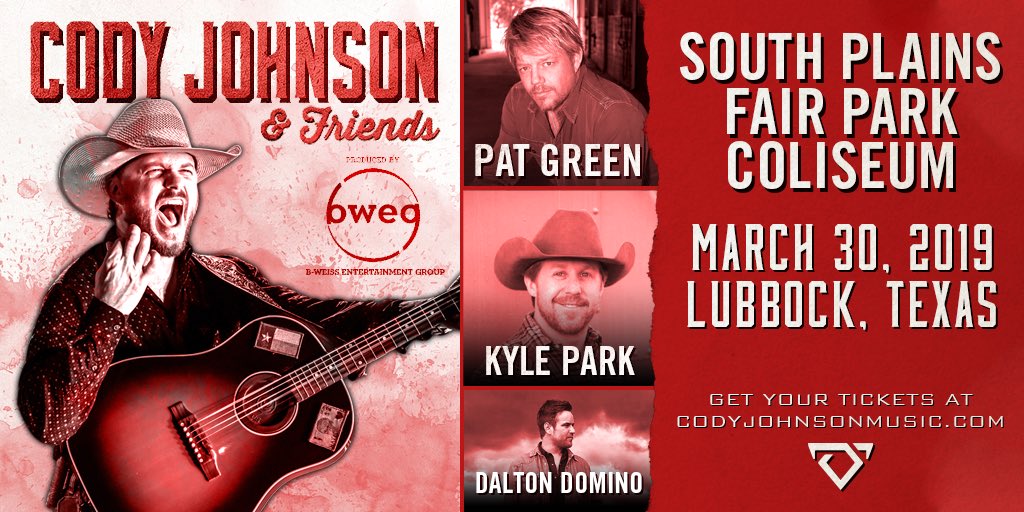 codyjohnson's tweet photo. LBK! It’s gonna get loud on 3/30 with my buds @PATGREENMUSIC, @kyle_park, and @MrDaltonDomino! Come on out for a good time at South Plains Fair Park Coliseum! Tickets on sale now: https://t.co/AHNkdttJ52 https://t.co/Xw1gpnarjA