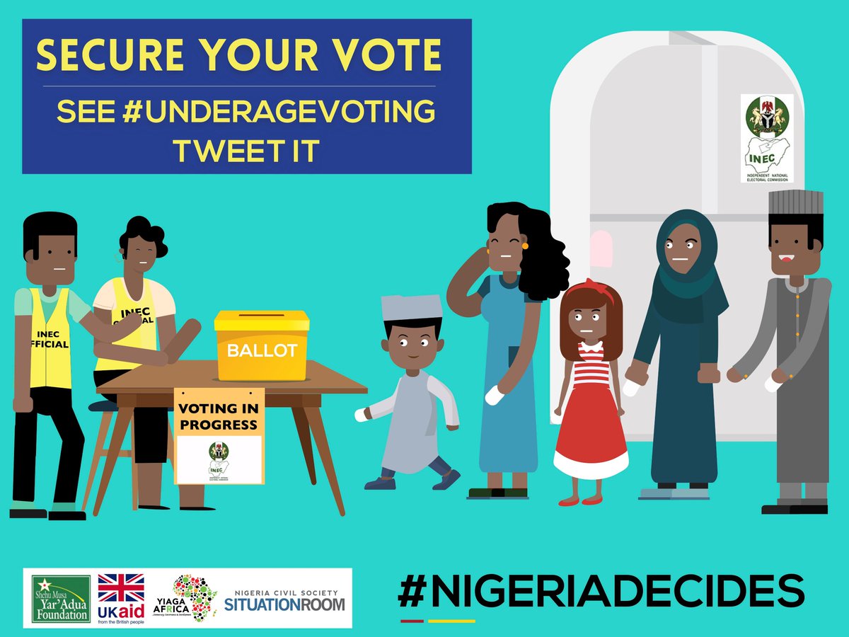 SMYFoundation's tweet photo. Witness #UnderageVoting in your polling unit? Tweet it@ Tweet it! Secure your vote! Be a #CitizenObserver as #NigeriaDecides https://t.co/uF6M72Ow2M
