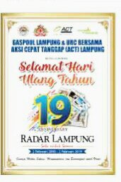 LampungGaspool's tweet photo. Selamat Hari Ulang Tahun ke 19 Radar Lampung. https://t.co/BBvW71WtP2