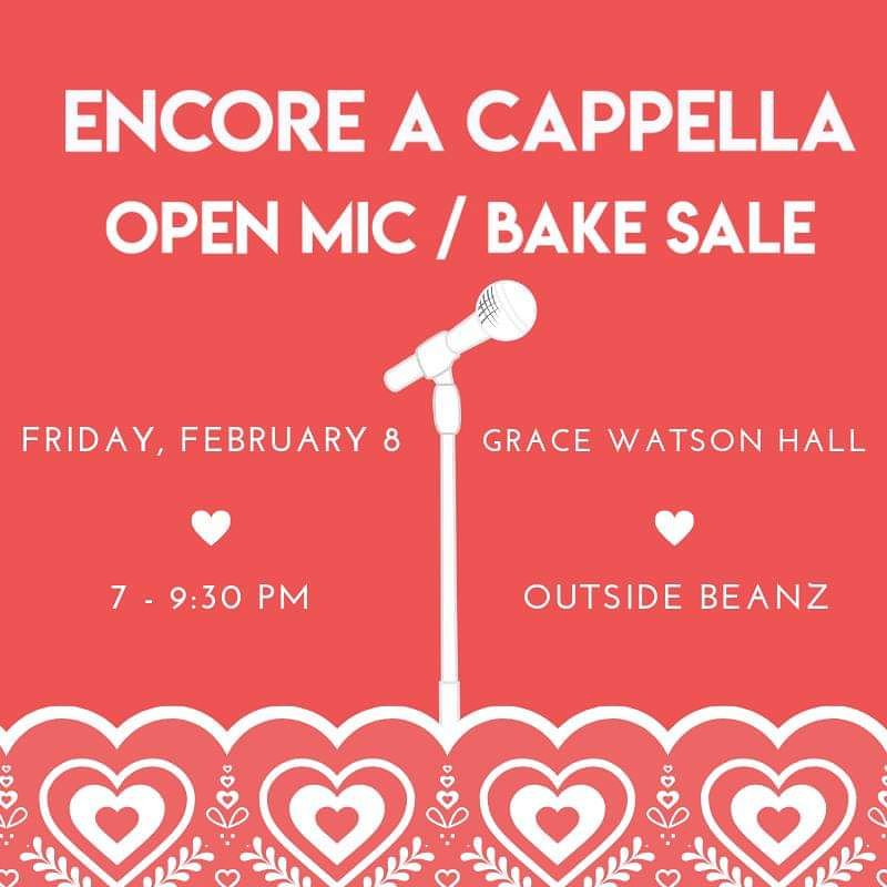 It's time again for our semi-annual open mic and bake sale, so stop by the lounge outside Beanz in Grace Watson from 7 - 9:30pm this Friday! Come enjoy some homemade baked goods and sing your heart out (or watch your friends do the same). We'd love to see you there!! 💕