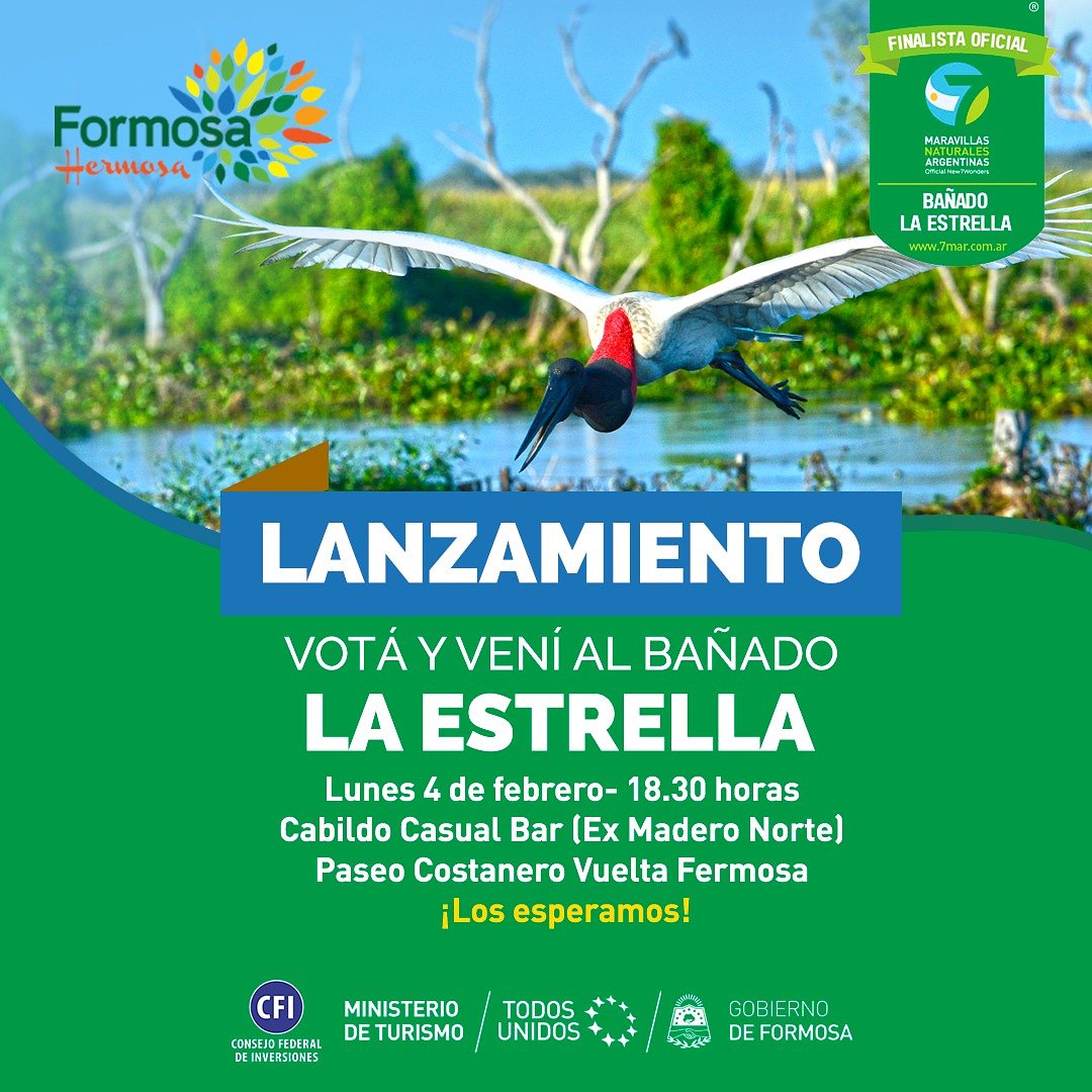 minturformosa's tweet photo. Lanzamiento de la campaña "Votá y Vení al Bañado La Estrella", a las 18.30 hs en Cabildo Casual Bar, ubicado en el Paseo Costanero Vuelta Fermosa. 
El #BañadoLaEstrella es finalista del Concurso fe las 7 Maravillas Naturales de la Argentina. 
Votá en https://t.co/xF9PHxozfd https://t.co/qL5qa1jC7h