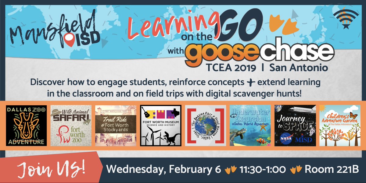 EdTech_Ashley's tweet photo. Ready, Set, GooseChase! Looking forward to presenting Learning on the Go @TCEA this week! 

Come discover how to extend learning beyond the classroom, engage students on field trips + involve parents in their child's learning with digital scavenger hunts! #TCEA19 https://t.co/9oeTajqEjE