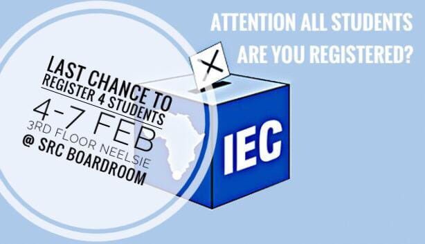 📢 ‼️ ATTENTION ALL STUDENTS 📢 ‼️

One last chance to #RegisterToVote 🗳️ for students at the Electoral Commission of South Africa (IEC) special registration drive on campus. 

4 - 7 February at the Stellenbosch University SRC boardroom on the 3rd floor of Die Neelsie.
