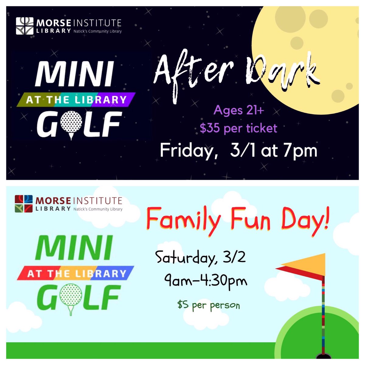 Join us for an exciting weekend of mini golf inside the <a href="/morseinstitute/">Morse Institute Lib</a> library! On 3/1, enjoy food, drinks from @exhibitabrewing, and a mini escape room. And on 3/2, check out the Family Fun Zone and kids movie marathon. Get your tickets now at morseinstitute.org #natick4th