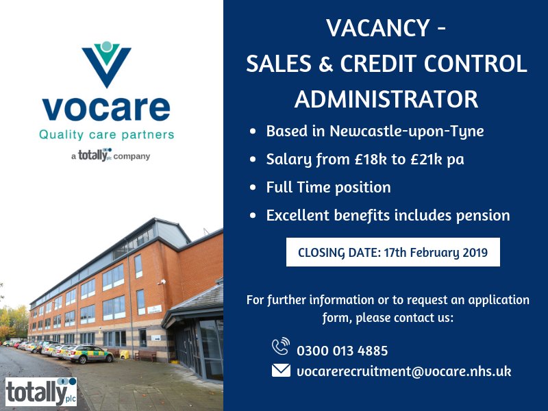Vocare are now recruiting for a Sales &amp; Credit Control Administrator - if you would like to join a growing company with excellent prospects for career development then please apply now...
