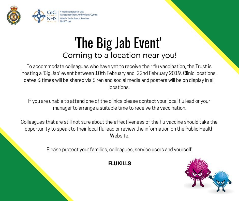 WelshAmbulance's tweet image. To maintain the health and wellbeing of #TeamWAST colleagues, families and patients, we are launching the 'Big Jab' Event from Monday 18 February until Friday 22 February! Have you had your flu vaccination yet to #beatflu?