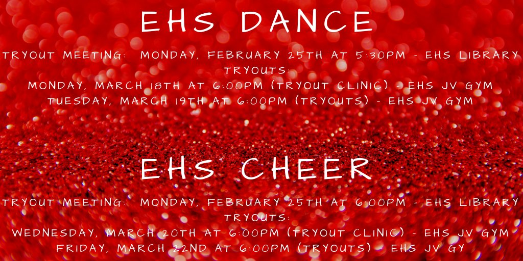<a href="/EmporiaCheer/">Emporia Cheer</a> and <a href="/EmporiaDance/">Emporia High Dance</a> have tryout information for you!  Mark your calendars! Make sure to attend the tryout meetings on February 25th at the <a href="/EHSLibrary2/">EHS Library</a> !  Can't wait to see you all there!