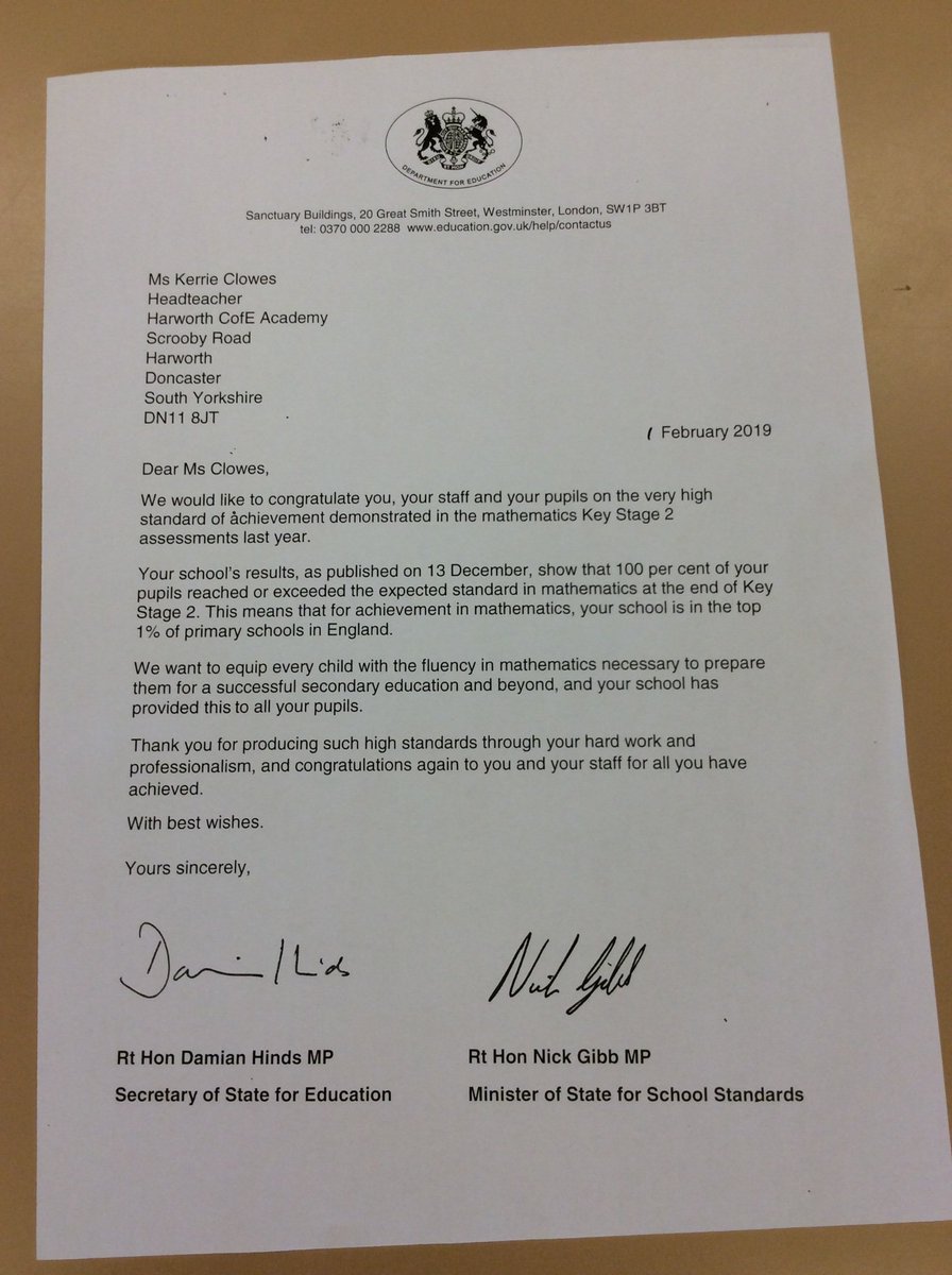 HarworthOffice's tweet image. We were so proud when this letter arrived today to say that we are in the top 1% of schools for mathematics.  What a fantastic achievement by everyone.