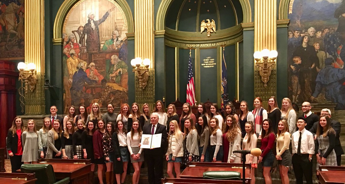 Today our SAHS Girls' Soccer State Champions are being recognized by the PA House and Senate in Harrisburg.  Pictured here with @SenatorMensch on the senate floor.  Way to go Big Red!