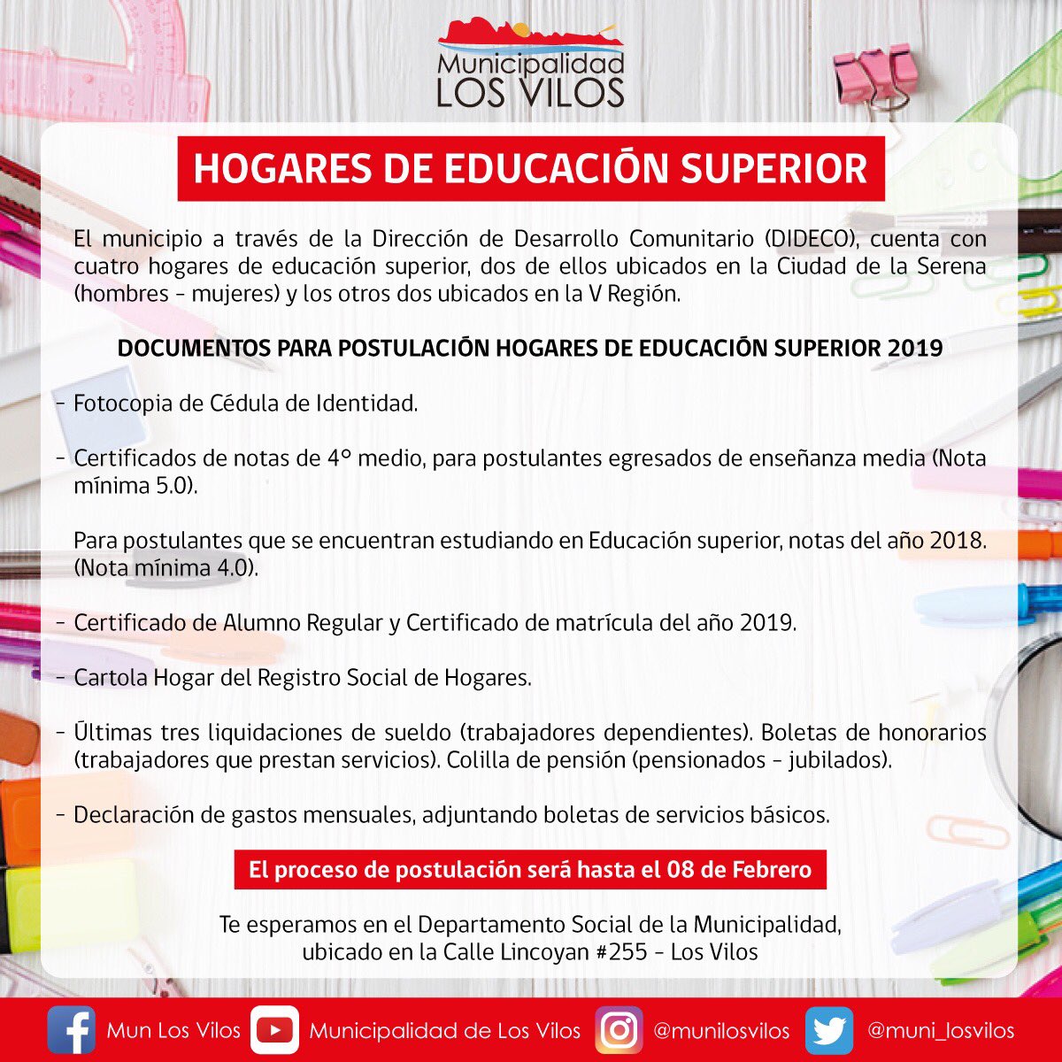 #Hogares Atención estudiantes vileños, el proceso de postulación para los hogares es hasta el 08 de febrero!!!
Acá les compartimos los documentos que necesitan presentar y ademas un vídeo de los hogares.
