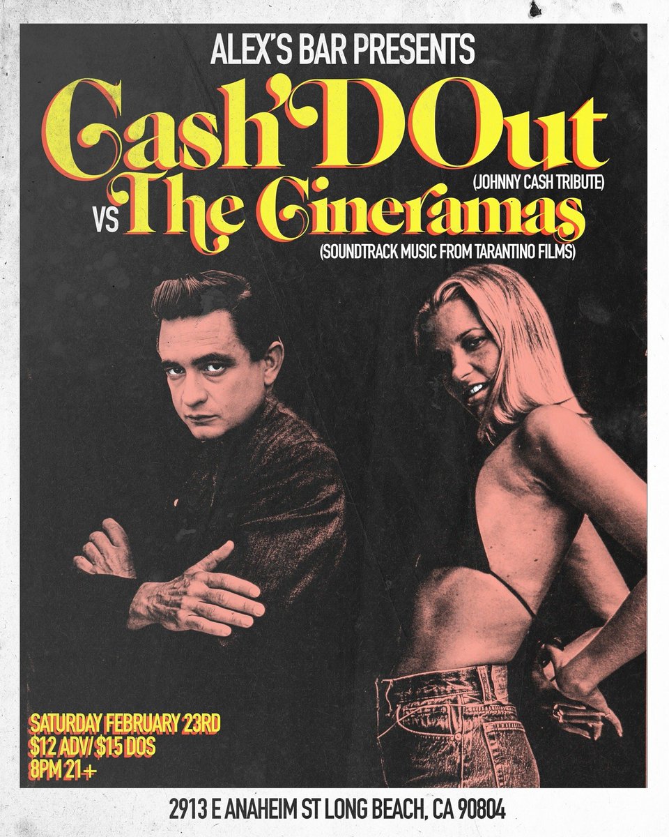 thecineramas's tweet photo. Howdy folks! We’re back at Alex's Bar Sat. Feb. 23rd w/ Cash'd Out! Capacity will be limited so please plan accordingly. #TheCineramas #CashdOut #QuentinTarantino #Soundtracks #JohnnyCash #AlexsBar #LongBeach
Tix: https://t.co/VD9sGxMOsO https://t.co/yItUNfXcB3