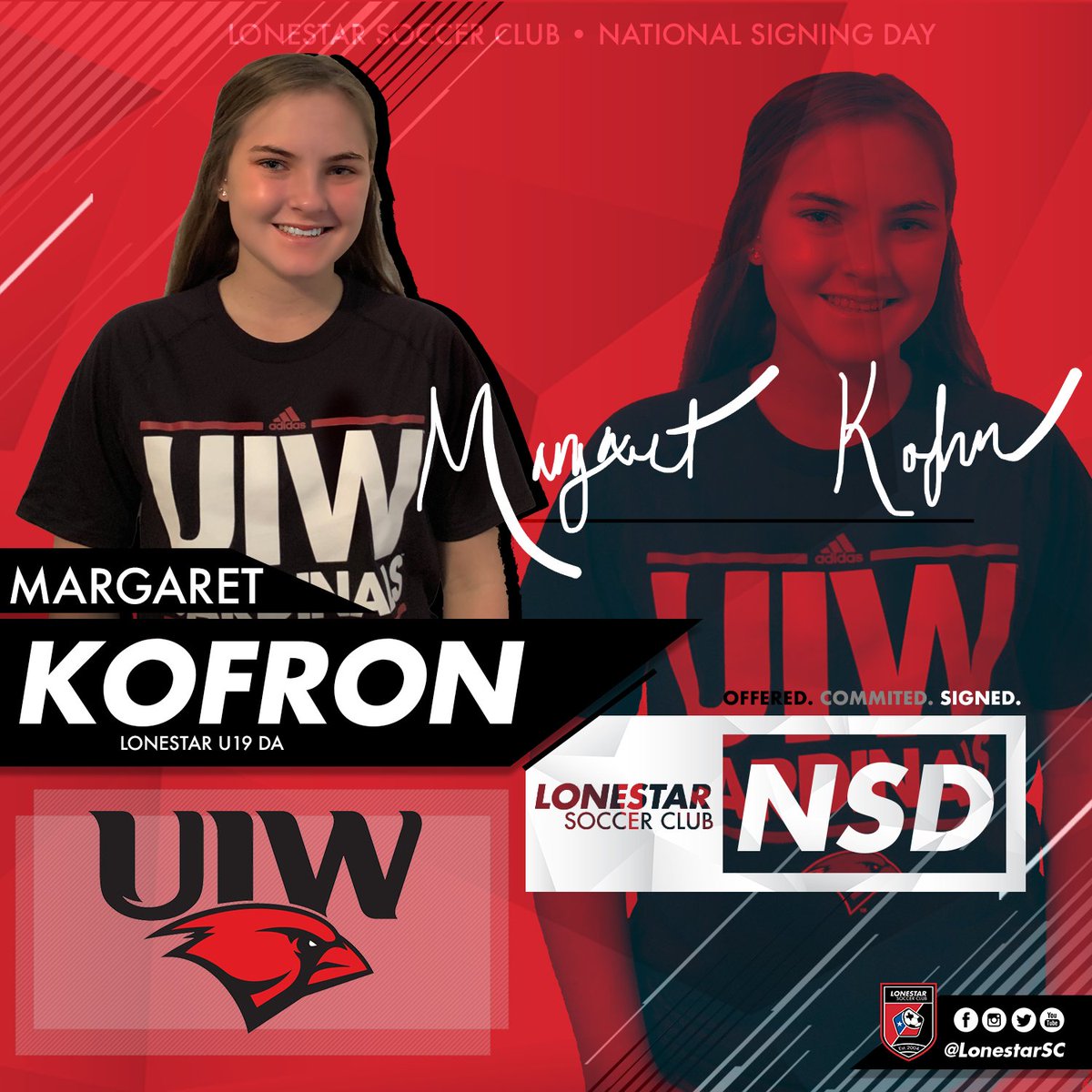 LonestarSC's tweet photo. Margaret Kofron joins🖋#UIW
👊Congrats, Margaret!
#LonestarNSD19 | #TheFutureIsUs
--
#WeAreLonestar #NationalSigningDay #GirlsDA #NextLevel #NextUp #SpreadtheWord #BeTheExample #TheWord #OneWordStrong #uiwpride #uiwcardinals #uiwsoccer https://t.co/pRu70qDf3F