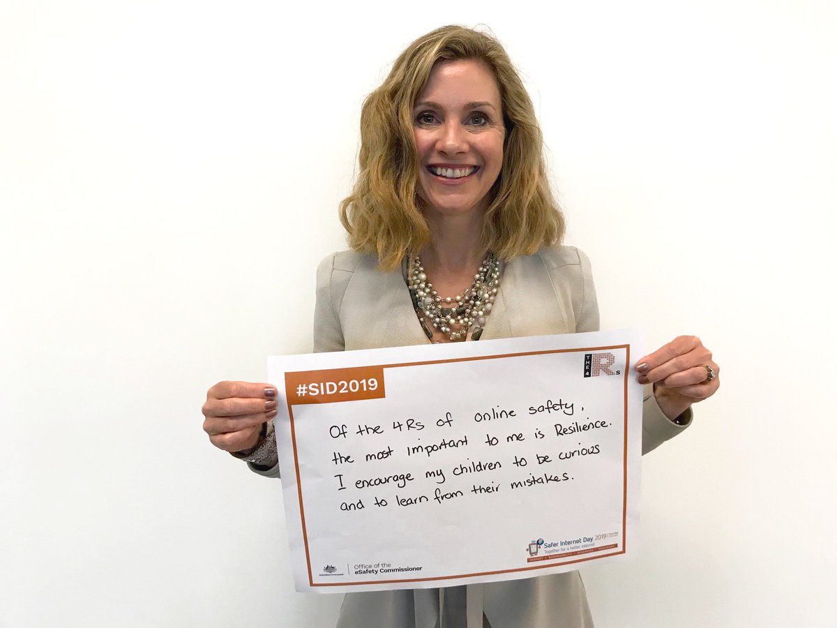 eSafetyOffice's tweet photo. The most important R of #onlinesafety to @tweetinjules @eSafetyOffice Commissioner is #resilience. "I encourage my children to be curious &amp; to learn from their mistakes". Pledge your support behind #SafeteyInternetDay today #SID2019 https://t.co/k7azS8dFky