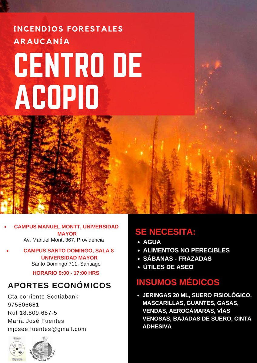 ¡IMPORTANTE! 

Ayudemos a nuestros amigos de la Araucanía en ésta lamentable situación que está ocurriendo en el Sur de nuestro hermoso país. Ayudemos también a nuestros héroes 👨‍🚒 con agua y comida.😥 #IncendiosForestales

#ArtisMind🧠