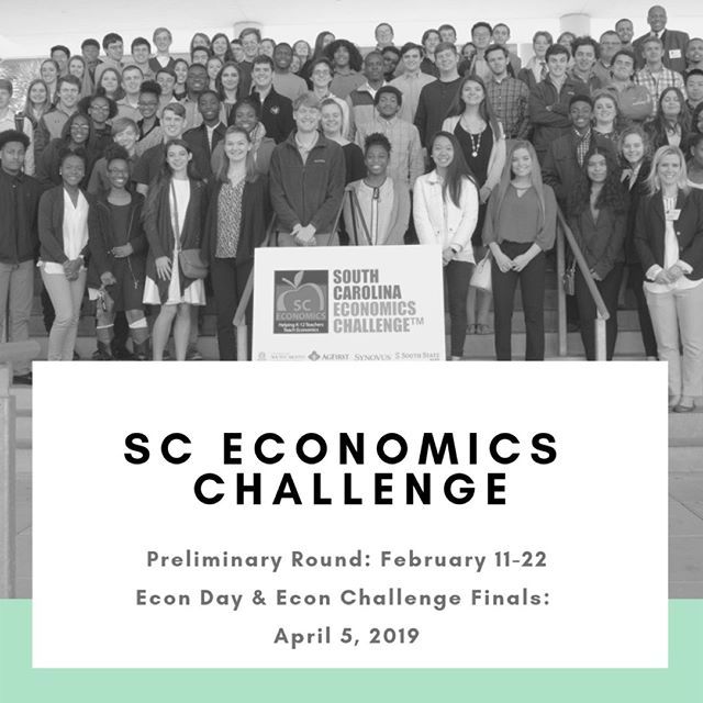 Teachers can register for the South Carolina Economics Challenge now! All participating students for Econ Day MUST compete on a team in the preliminary round (February 11th-22d) of the Econ Challenge, so make sure to visit bit.ly/2WFLqQG for re… bit.ly/2RAs7Vm