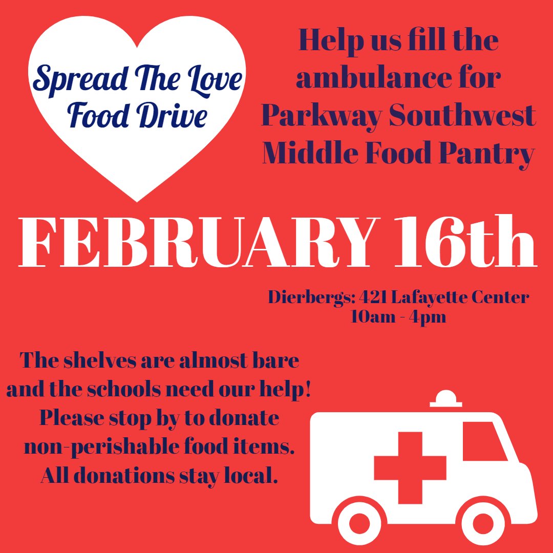 WESTCOUNTYFIRE's tweet photo. We are partnering with @ParkwaySchools to help fill an ambulance for their food pantry! Come visit us at @Dierbergs in Lafayette Center February 16th from 10am - 4pm. @WestCountyChief @safeThouse https://t.co/h1ibFctYJQ