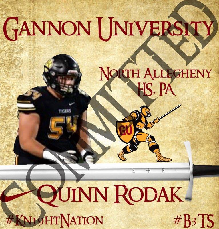 QuinnRodak2019's tweet photo. Proud and excited to announce my commitment to further my academic and football career at Gannon University! Beyond thankful for the many coaches, players, family, and friends who have supported me throughout this process, and looking forward to the next step. #UKnighted #B3TS https://t.co/2hUDqZcsbz