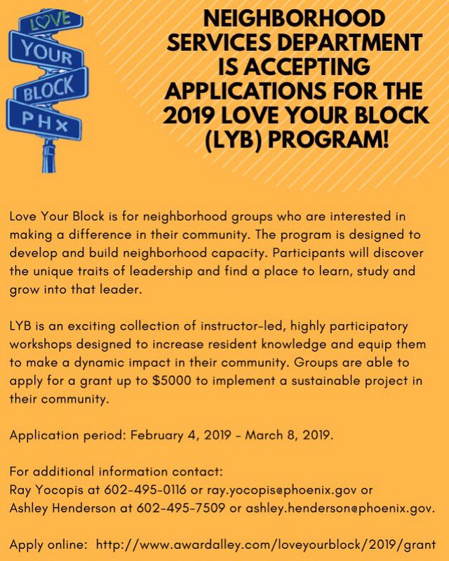 loveyrblockPHX's tweet photo. The 2019 Love Your Block Application is now open! 💙

Apply for the chance to increase leadership in your neighborhood and implement a sustainable project where you live. 

Apply online: https://t.co/gtFqs370bJ https://t.co/WGuc69TmKp