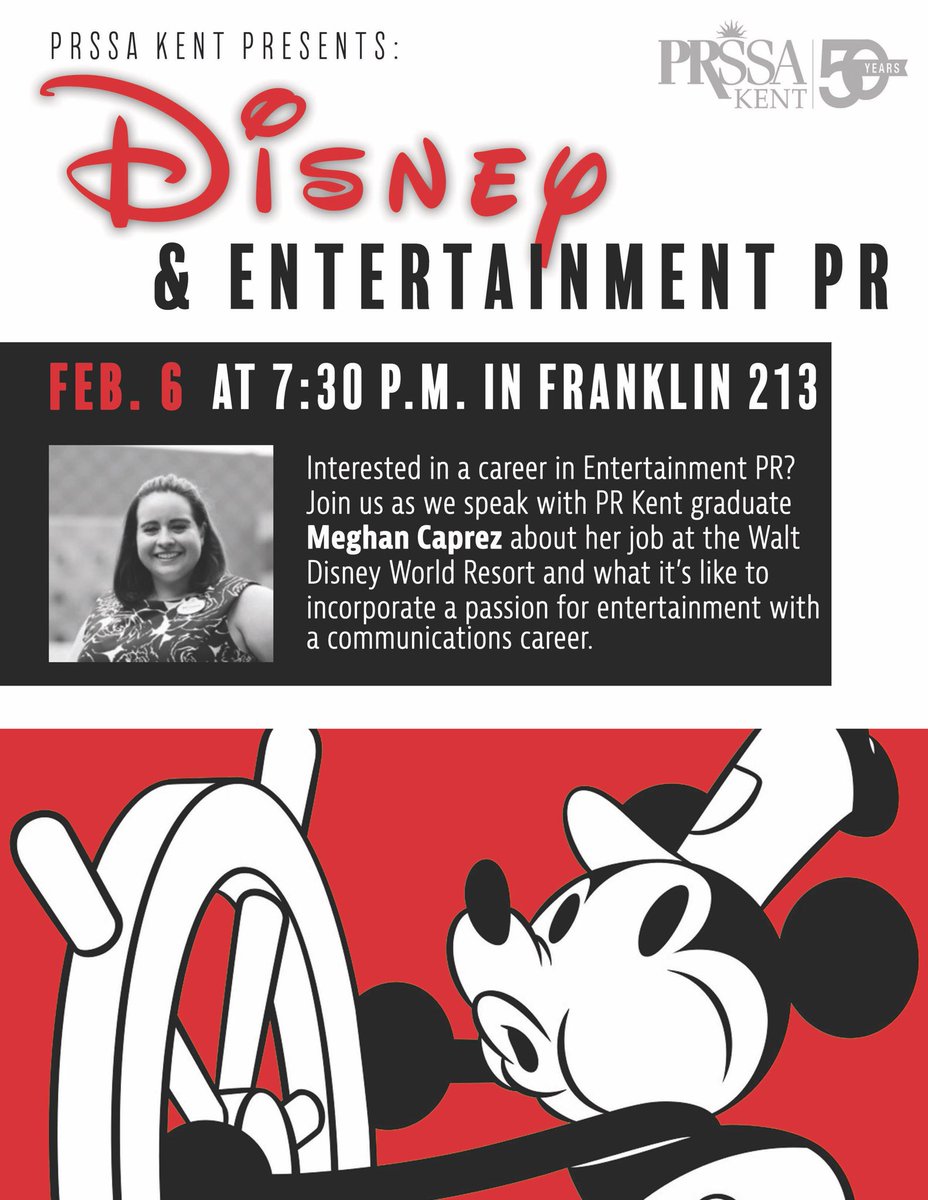 prssakent's tweet photo. Are you interested in entertainment PR? Join us Wednesday to hear from PRSSA Kent Alumni, Megan Caprez, and her experience working at the Walt Disney World Resort! #prssakent50 https://t.co/R9zkTmc4UG