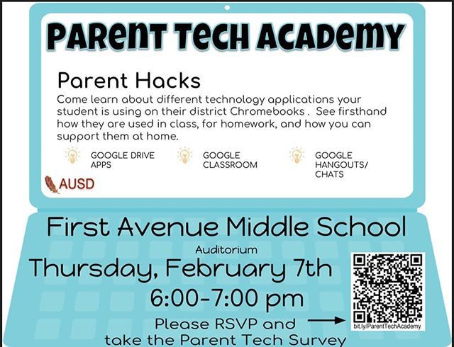 MsMimura's tweet photo. Parents, want to help your child be more successful with Google and techy digital tools?  Come to our Parent Tech Academy this Thursday 6-7 pm at First Ave! Rsvp using the link https://t.co/AYaS7ZfuKF. 
It will be helpful to have a device and your child'… https://t.co/SiRGsZtmst https://t.co/ip76y9sSGP