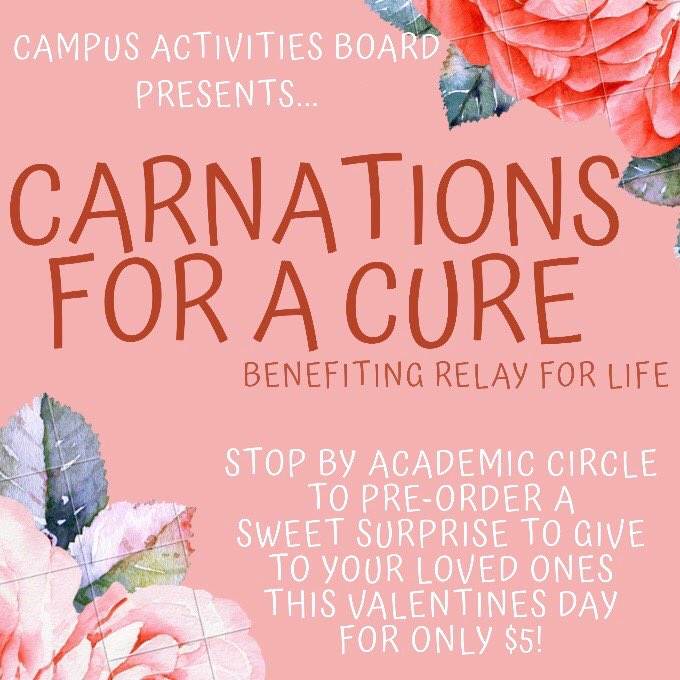 CU_Relay's tweet image. 💗Love is in the Air💗

Come by Academic Circle on the dates and times below to buy a Carnation (with candy😋) for a Cure to send to that special someone in your life so others can live! 

Feb. 6th 10am - 12pm
Feb. 8th 10am - 12pm
Feb. 11th 10am - 12pm
Feb. 13th 10am - 12pm
