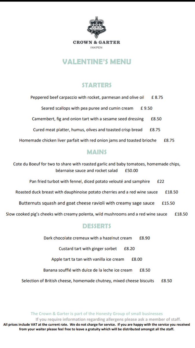 Treat your loved one to an extra special menu at <a href="/HonestyCrown/">The Crown & Garter</a>&amp;Garter this Valentine's Day. 
Delicious dishes to choose from!!

crownandgarter.co.uk/restaurant2/me… 💕👨‍🍳🎊

To book a table call us on 01488 668325 or email crownandgarter@honestygroup.co.uk

#ValentinesDay #menu
