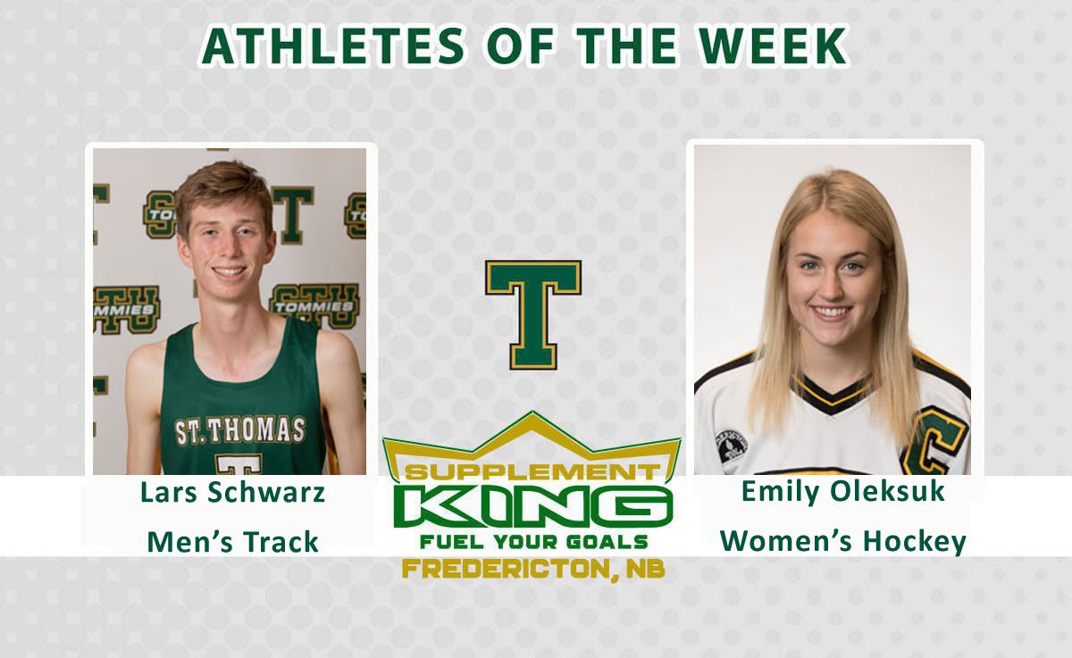 This week's <a href="/SKFredericton/">Supplement King Fredericton</a> Athletes of the Week are Emily Oleksuk of <a href="/STUWH/">STU Women's Hockey</a> and Lars Schwarz of <a href="/STU_TandF/">STU Track and Field</a>. Oleksuk now sits 5th in the country with 30 points while Schwarz now owns the STU club record in the 3000m. Congratulations to both!!