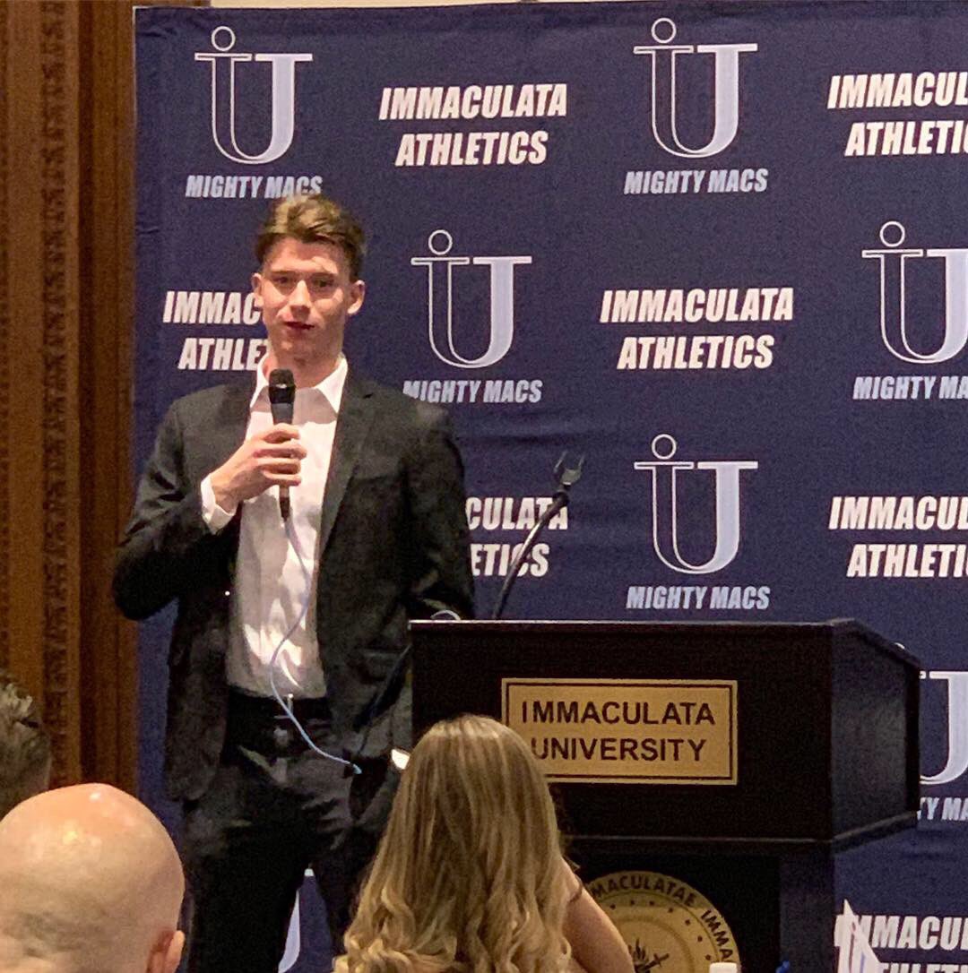 IUMightyMacs's tweet photo. Carter Hart of the @NHLFlyers was on the mic Saturday night for IU Baseball’s third-annual First Pitch Dinner to motivate the guys heading into the 2019 season. We’re down to 12 days from the season-opener! 

#GoMacs https://t.co/5c87izq6x0