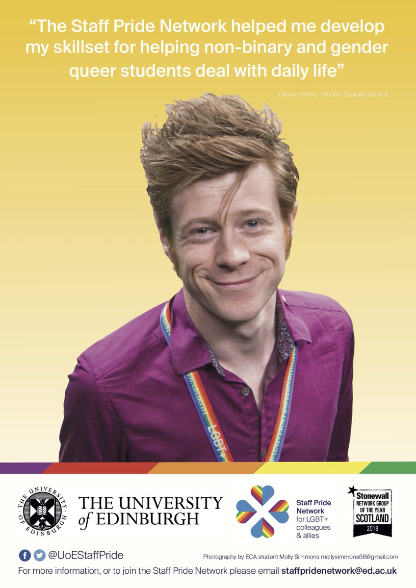 UoEStaffPride's tweet photo. In celebration of LGBT History Month, we are delighted to launch our poster campaign. A celebration of our diverse membership and the impact the Staff Pride Network has had on them. Posters will be appearing across all our sites; if you spot one let us know with the #SPNPoster. https://t.co/fIhFkdtYYX