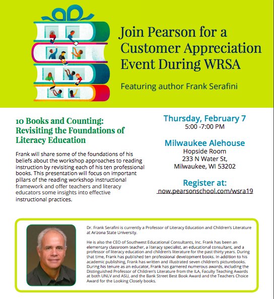 cshansman's tweet photo. Frank Serafini @doctorserafini, Professor of Literacy Education and Children’s Literature will be speaking about Foundations of Literacy Education @WSRALiteracy. Register at https://t.co/M2oJkOtfP9 for this FREE workshop. Can't wait to collaborate!! #WSRA19 #WImyView https://t.co/FCnpmNBDxb