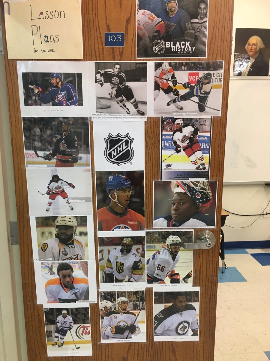Bud8Jr3's tweet image. So for black history month At my school, I chose to spotlight the @NHL &amp;amp; how @WillieORee1 broke the barrier in '58 for the @NHLBruins. Of course I put up the 6 players that the @BlueJacketsNHL have had thus far. #CoolestGameonEarth #HockeyisforEveryone #CBJ