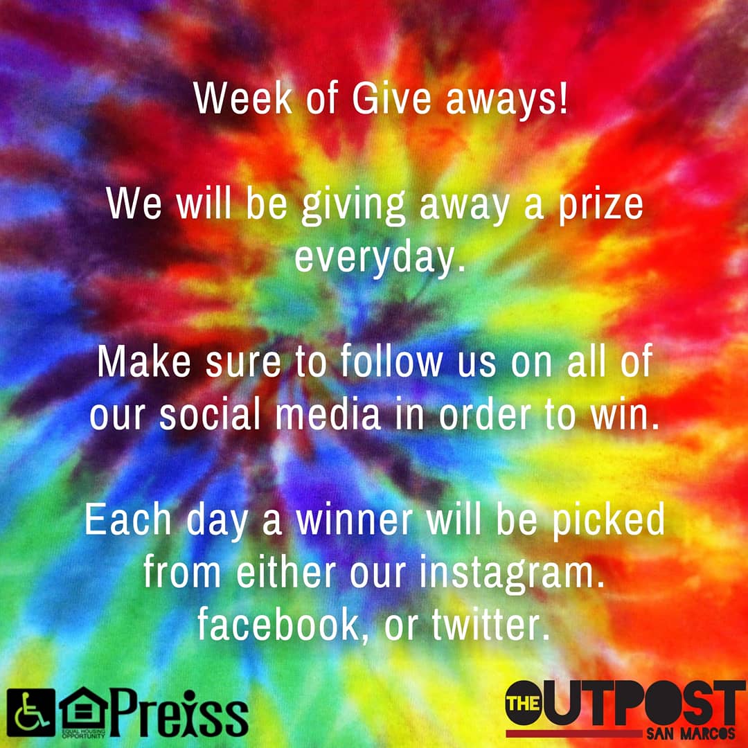 OutpostSM's tweet photo. Surprise this week just got better! Everyday this week we will be giving away a prize. Each day a winner will be picked from Instagram, Facebook, and Twitter. 
•
•
#txst19 #txst20 #txst21 #txst22 #sanmarcostx #smtx #texasstate #texasstateuniversity #actally #apartments https://t.co/PuTTr18n0C
