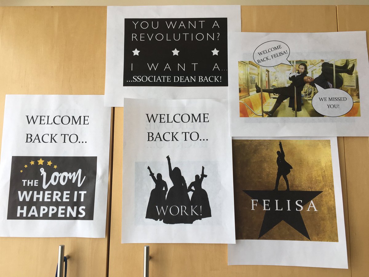 PreciadoHiggins's tweet photo. The Smeal UGE staff touched my #Hamilnerd heart with this awesome @HamiltonMusical-inspired welcome back to work! Muchas gracias! 
-F.Hig https://t.co/7IVTCjhdMF