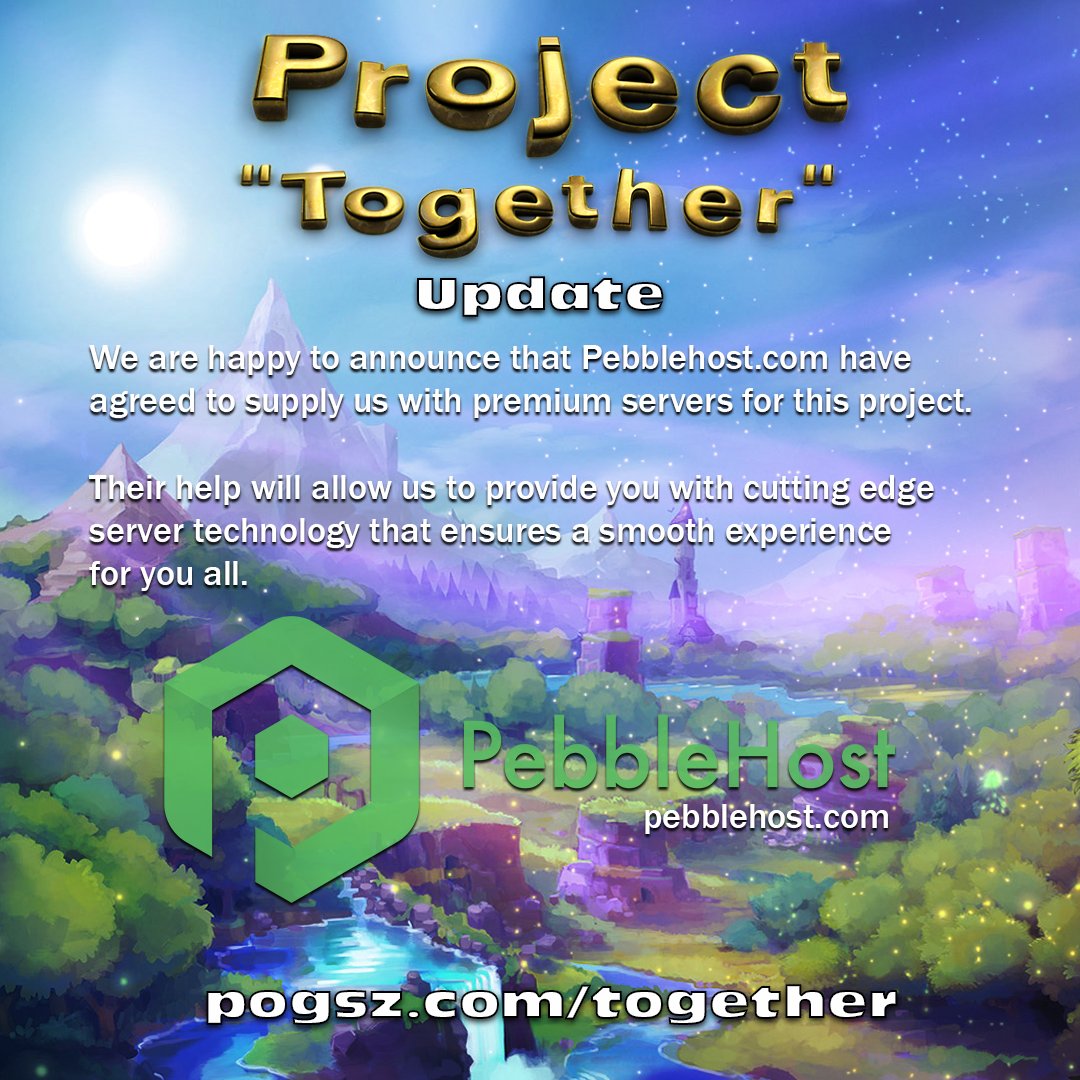 ChannelPogSz's tweet image. Project "Together" We are happy to announce that Pebblehost.com are supplying us with servers. @hytale @Hypixel @pebblehosts @EndRealmNetwork @_EliteNetwork_ @HytaleCore @HytaleParty @ItsServerTale @stolendale #hytale #hytalegame #projecttogether