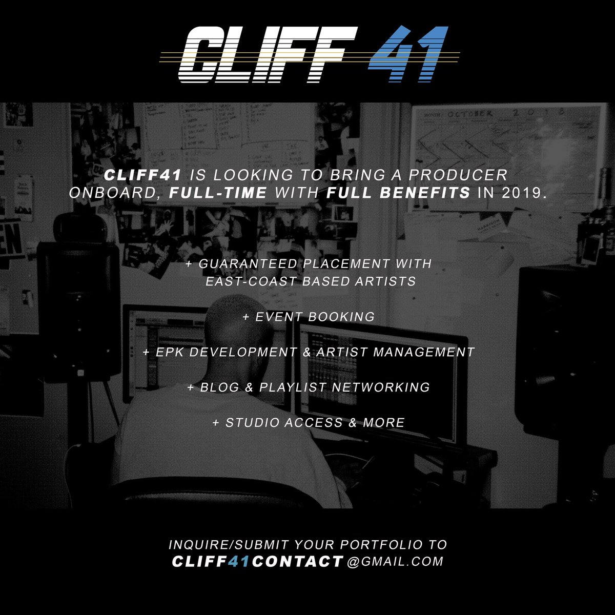 whoisdonSMITH's tweet photo. do you make beats? are you looking to expand to a larger, but more curated network of artists?
#CLIFF41 has come a long way in just ONE YEAR. now, we are excited to open our doors to all of you hard working producers out there who are ready to grow their numbers DM/EMAIL! https://t.co/02Y87hixzQ