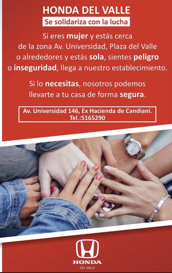 yohaliresendiz's tweet photo. Me ayudan a compartir? Este mensaje es para  @HondaMexico Muchas gracias por la solidaridad  en tiempos tan difíciles para nosotras y donde lo más fácil en situaciones así, es ser indiferente. #NosQueremosVivas #México #MujerEsPoder #CuidamosDeTi https://t.co/23uO0dtcRw