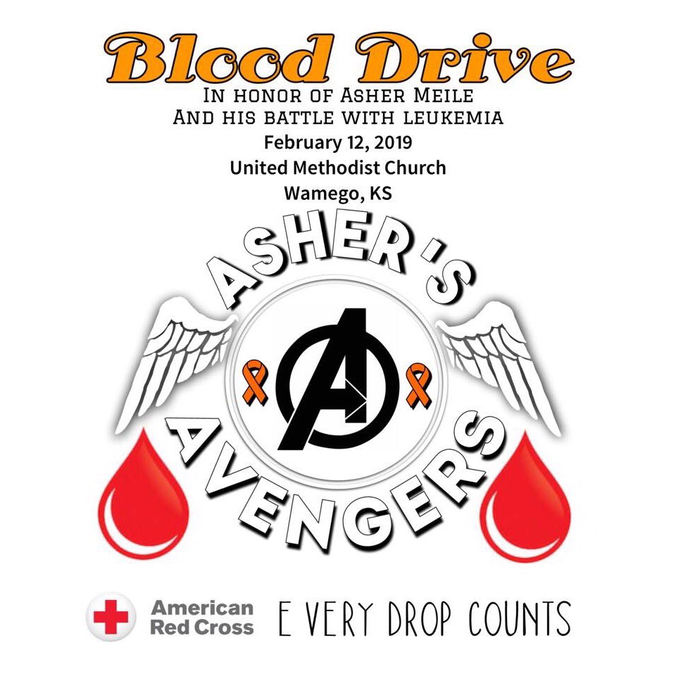 reilemeile's tweet photo. Asher loves pretending to save the world with his Avengers, and now he is battling a much more serious &amp; real life villain, leukemia. Asher now has superheroes by his sides in forms of doctors, nurses, and BLOOD DONORS. Join us next week in Wamego to help save lives!! https://t.co/jy3IeF0sK8