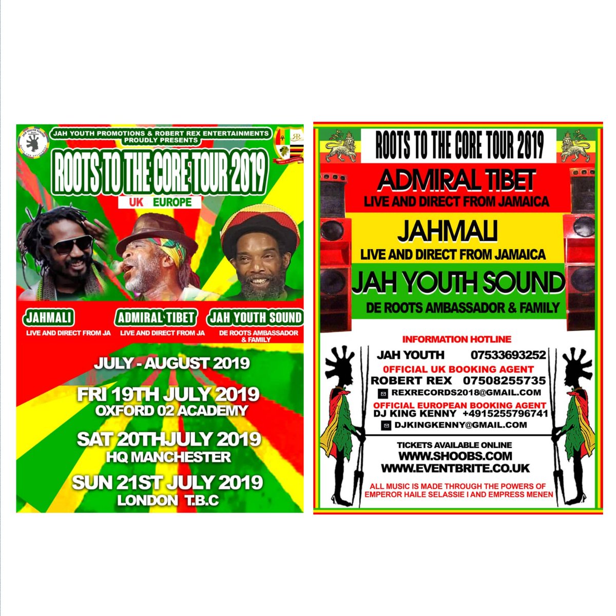 JAHYOUTHSOUND1's tweet photo. Dates For Your Diary

Roots To The Core Tour 2019
#AdmiralTibet
#Jahmali
#Jahyouthsoundderootsambassador
#Princelivijah #Uwimana
#Rimbim #Gvibes #Rassherby
#Robertrexentertainments
#Robertrex
#Djkingkenny #bookings
#soundsystem
#roots #music
#Uk #Europe https://t.co/lVqQxNlLFR