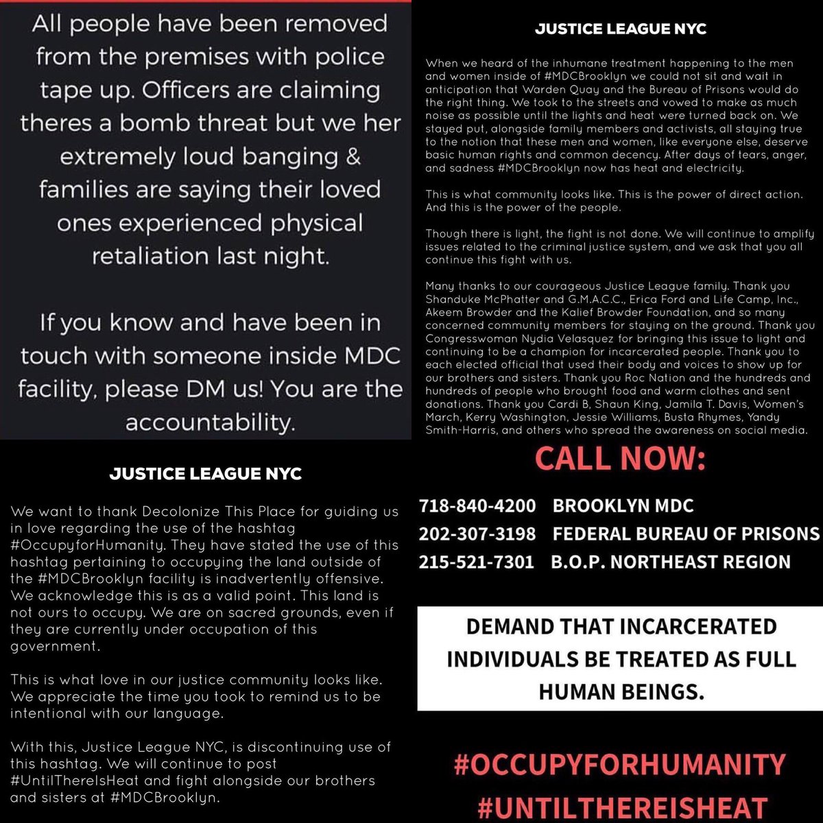 CyndiTurnquest's tweet photo. Via Justice League NYC:
Please continue to call #MDCBrooklyn and demand this be resolved immediately. Elected officials and lawyers who have recently been inside the facility have seen problems for themselves. We need results. Not Over #UntilThereIsHeat #OccupyForHumanity https://t.co/rz0E3f5gbB