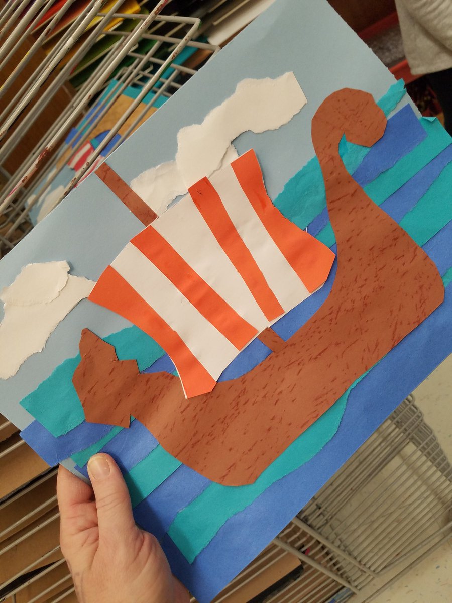 SMarionArtEd's tweet photo. @tolbertfirst grade students are making progress on their viking ship collages ... next we add our shields #tolbertcares #tolbert19 #tolbertcreates https://t.co/CrdZMiqAHi