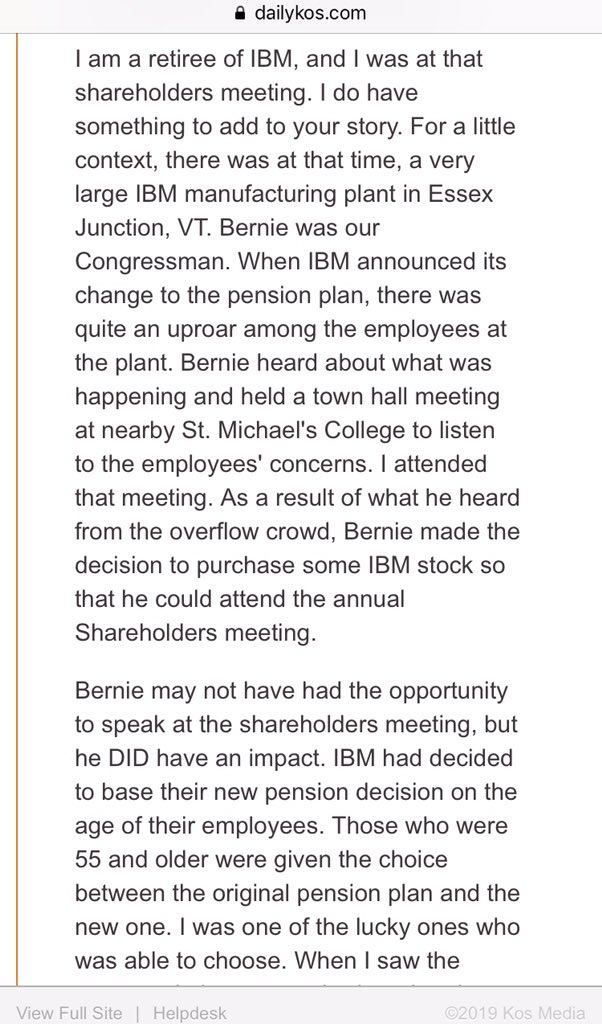 1999: Bernie hosted a town hall to protest IBM’s plan to cut in half older workers’ pensions by as much as 50%.Bernie purchased 5 shares of IBM stock to buy his way in to the annual meeting & participate in a vote to reverse the company's pension plan changes. /19