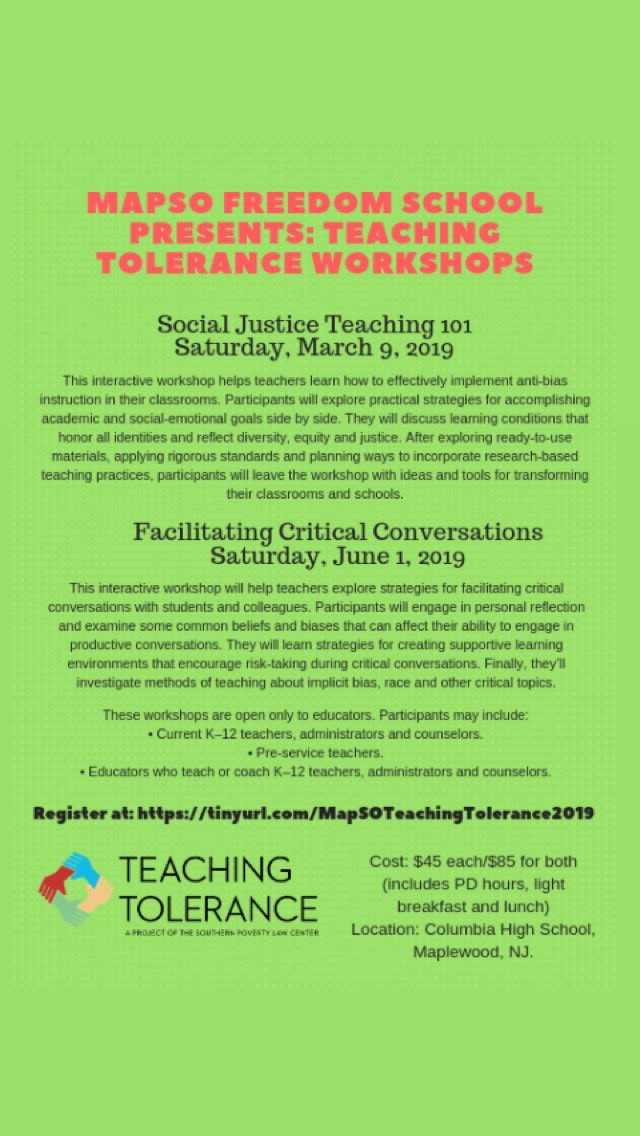 Okaikor's tweet photo. NJ/NYC Educators: check out the @Tolerance_org workshops we have in store. Our first workshop will be facilitated by @ValeriaBrownEdu who’ll help us push our thinking within a community of folx committed transformation. #NJed #edchat #edchatNJ #coffeeEDU #SoJustEDU @mapsofreedom https://t.co/Y9628KeZ7U
