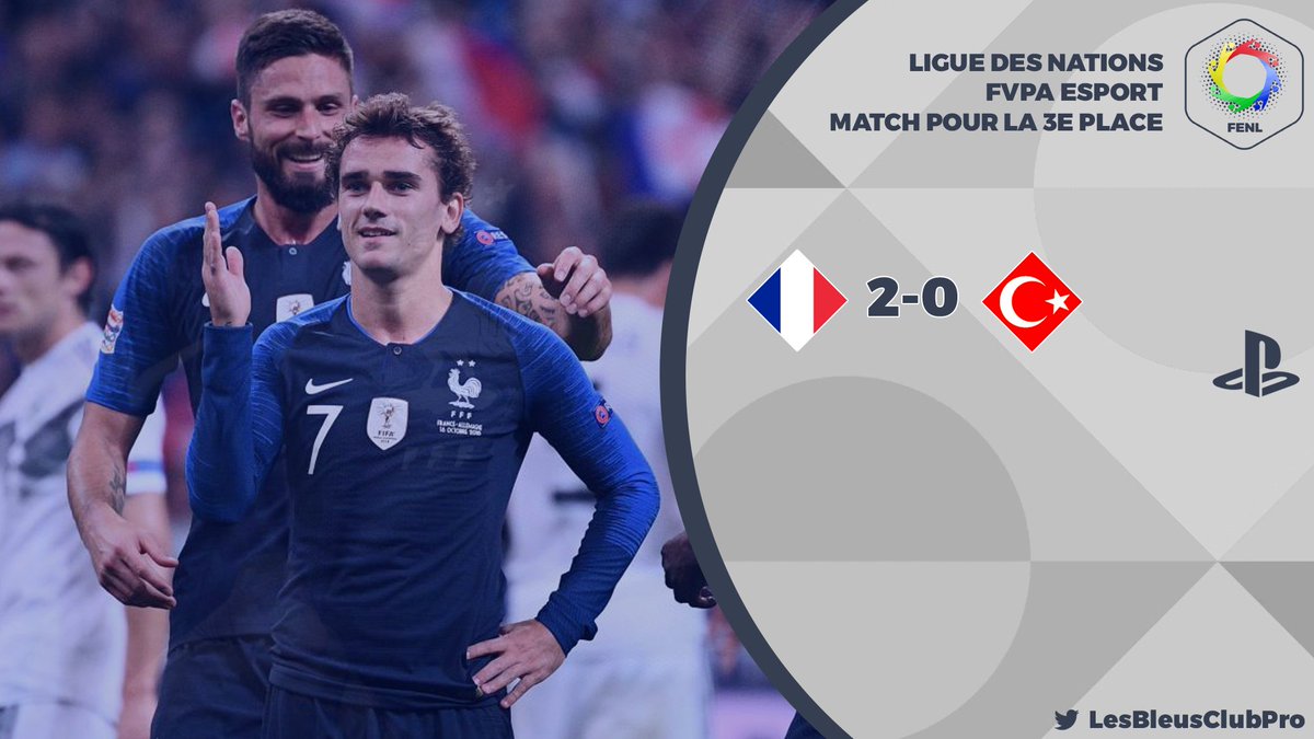 [PS4] Ligue des Nations <a href="/FVPAeSport/">FVPA Esport</a> 

Victoire 2-0 face aux Turcs 🇹🇷
Les Bleus finissent cette LDN sur une bonne note en terminant donc à la 3e place et une médaille de Bronze à la clé. 👏
Cap sur l'Euro <a href="/iFVPA/">iFVPA</a> 

Replay ➡ youtube.com/watch?v=fxRXwm…

#AllezLesBleus 🇫🇷 @PW_DMicka99