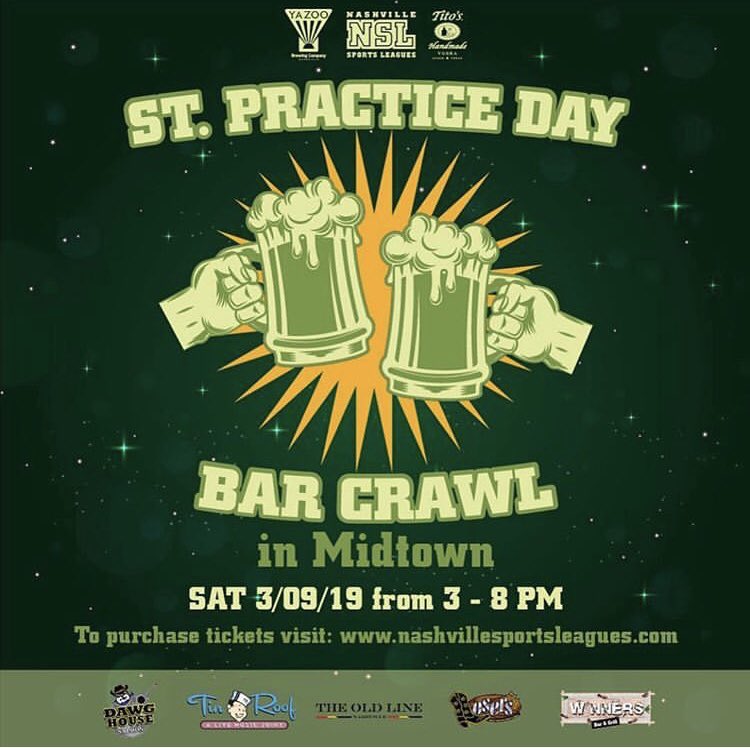 MARK YOUR CALENDARS! Join us for the St. Practice Day Bar Crawl. Tickets available through nashvillesportsleagues.com ———- Ft. @titosvodka & @yazoobrew