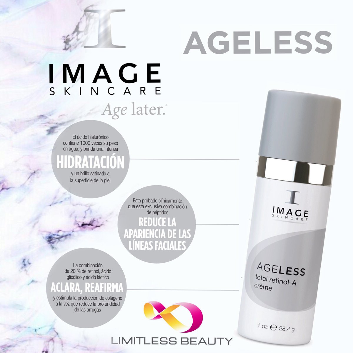 elsuperbarpr's tweet image. AGELESS Total Retinol-A Crème #byIMAGE Combinación altamente concentrada de retinol, alfahidroxiácidos y polipéptidos que renuevan, rejuvenecen y reparan las pieles envejecidas y propensas al acné. #HayQueBrillar #IMAGEnow #AgeLater #SkinSpired #SkinProfessionals #LimitlessBeauty