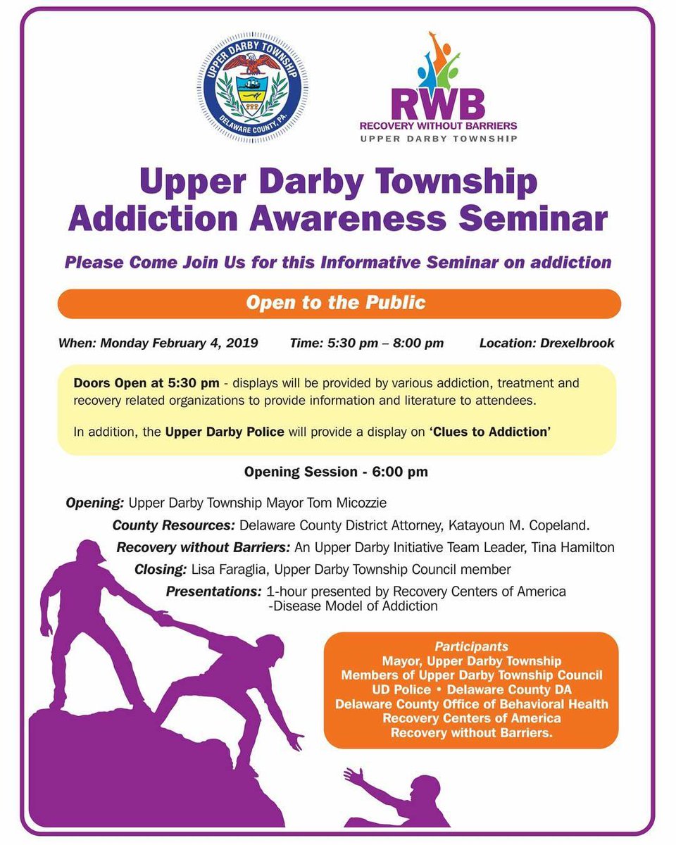 SpringfielCares's tweet photo. Springfield Cares is proud to be involved in Recovery without Barriers Addiction Seminar at the Drexelbrook this evening - OPEN TO THE PUBLIC https://t.co/jKOynqoC56  #WeDoRecover #SpringfieldCares #AddictionAwareness https://t.co/dQmEMbrIox