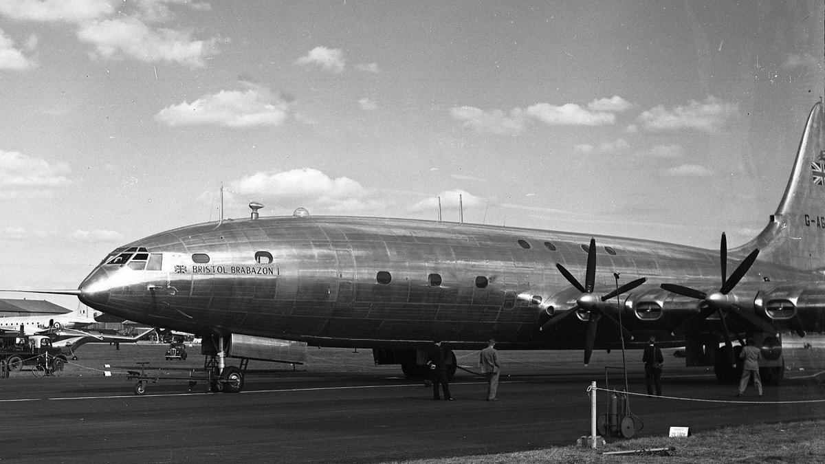 With a wingspan of 70m, private sleeping cabins, a dining cabin, kitchen, cocktail lounge &amp; bar and a 32-seat cinema, the now discontinued #Bristol Brabazon was the largest aeroplane ever built in the UK. The luxurious 100 capacity craft was build in 1947 in Filton #BristolFacts