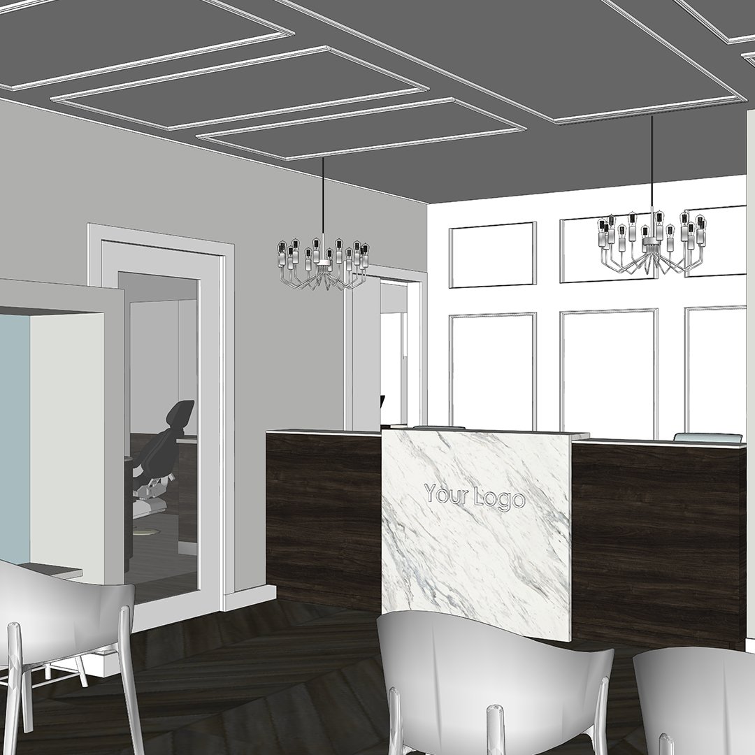 CLASSIC | A dental office with classic and timeless appeal #BecauseGoodDesignIsGoodBusiness #commercialinteriordesign #interiordesign #dental #office #design #classic #timeless #rendering #kelowna #okanagan #ylw #renovation #wainscot #blue #marble